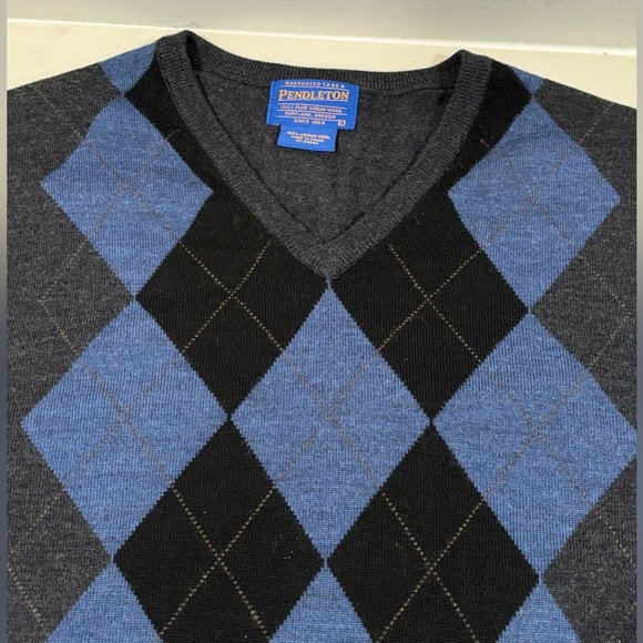 Pendleton Mens Argyle Wool V-Neck Sweater Blue Charcoal Gray Large - Picture 1 of 9